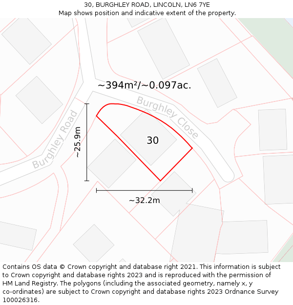 30, BURGHLEY ROAD, LINCOLN, LN6 7YE: Plot and title map