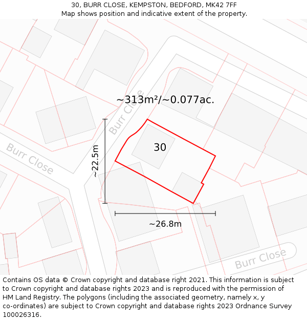 30, BURR CLOSE, KEMPSTON, BEDFORD, MK42 7FF: Plot and title map