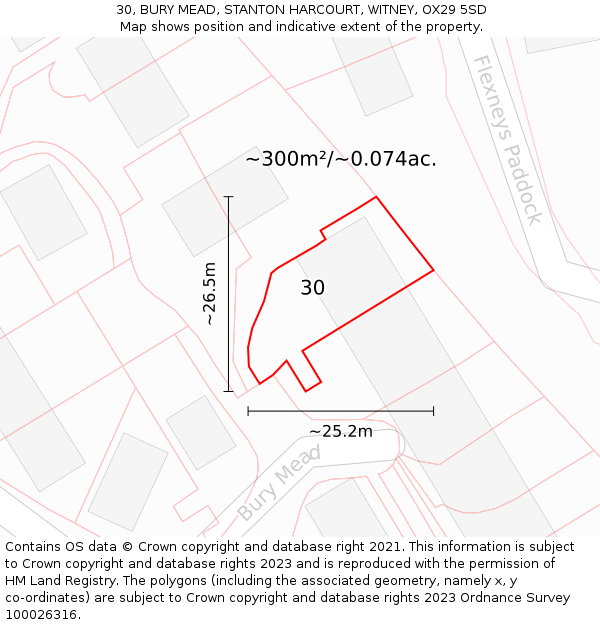 30, BURY MEAD, STANTON HARCOURT, WITNEY, OX29 5SD: Plot and title map
