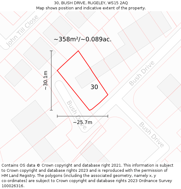 30, BUSH DRIVE, RUGELEY, WS15 2AQ: Plot and title map
