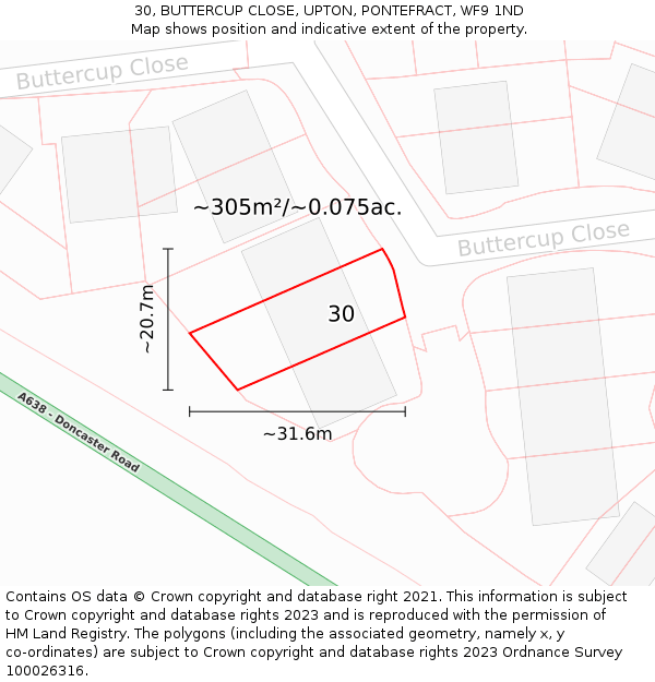 30, BUTTERCUP CLOSE, UPTON, PONTEFRACT, WF9 1ND: Plot and title map