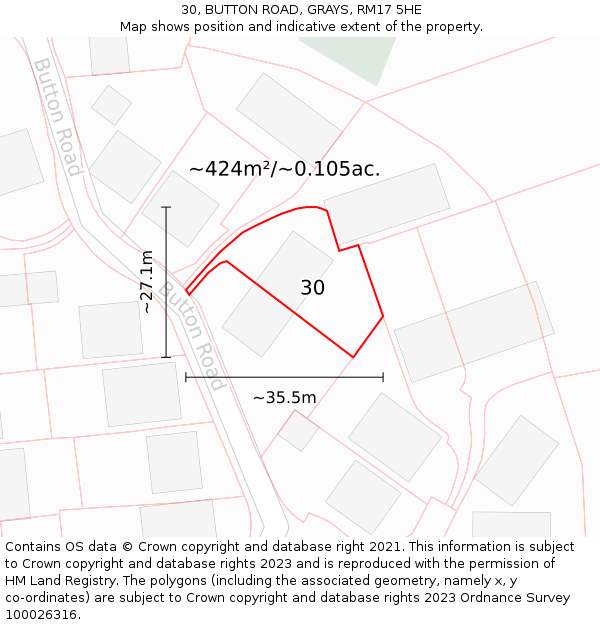 30, BUTTON ROAD, GRAYS, RM17 5HE: Plot and title map