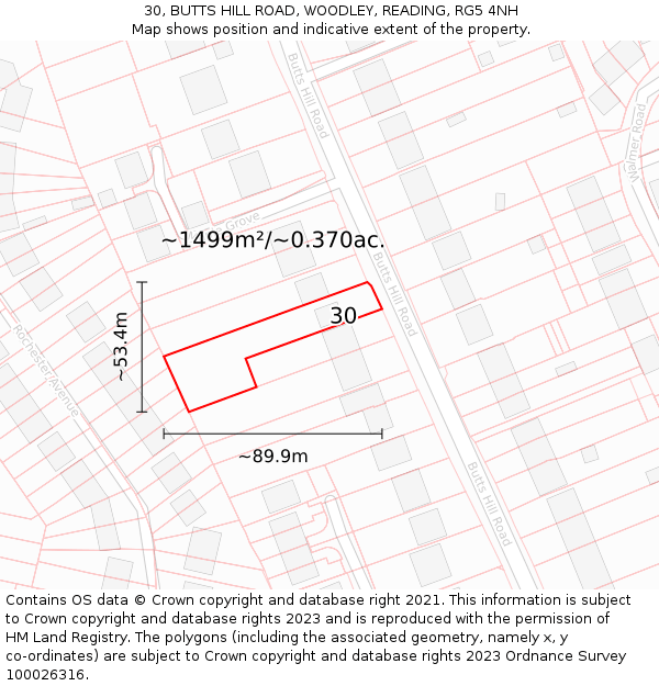 30, BUTTS HILL ROAD, WOODLEY, READING, RG5 4NH: Plot and title map