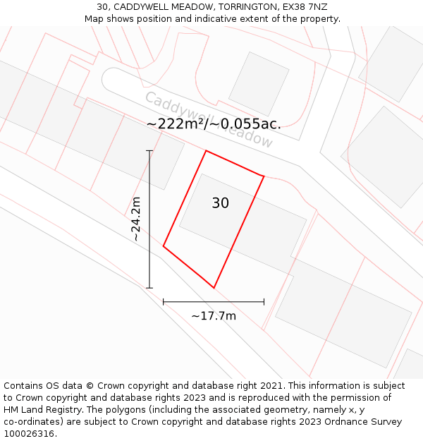 30, CADDYWELL MEADOW, TORRINGTON, EX38 7NZ: Plot and title map
