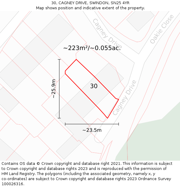 30, CAGNEY DRIVE, SWINDON, SN25 4YR: Plot and title map