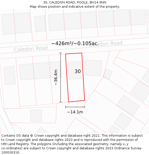 30, CALEDON ROAD, POOLE, BH14 9NN: Plot and title map