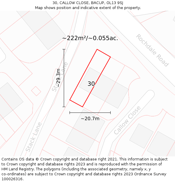 30, CALLOW CLOSE, BACUP, OL13 9SJ: Plot and title map