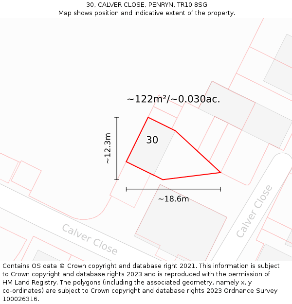 30, CALVER CLOSE, PENRYN, TR10 8SG: Plot and title map