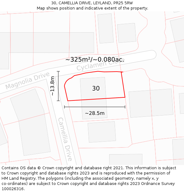 30, CAMELLIA DRIVE, LEYLAND, PR25 5RW: Plot and title map