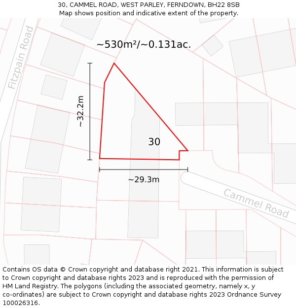 30, CAMMEL ROAD, WEST PARLEY, FERNDOWN, BH22 8SB: Plot and title map