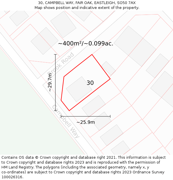 30, CAMPBELL WAY, FAIR OAK, EASTLEIGH, SO50 7AX: Plot and title map