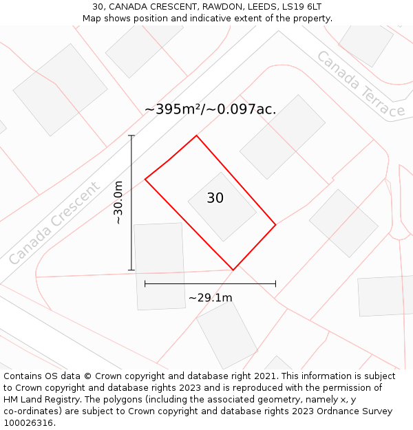 30, CANADA CRESCENT, RAWDON, LEEDS, LS19 6LT: Plot and title map