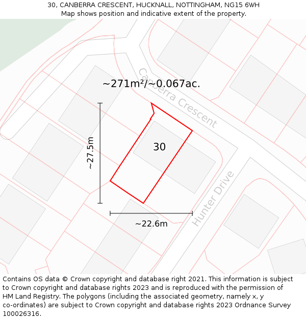 30, CANBERRA CRESCENT, HUCKNALL, NOTTINGHAM, NG15 6WH: Plot and title map