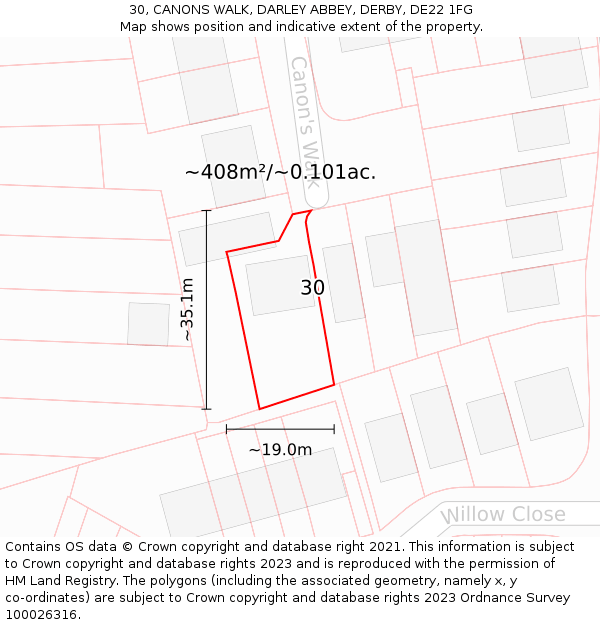 30, CANONS WALK, DARLEY ABBEY, DERBY, DE22 1FG: Plot and title map
