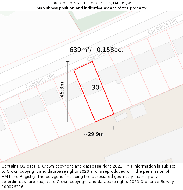 30, CAPTAINS HILL, ALCESTER, B49 6QW: Plot and title map