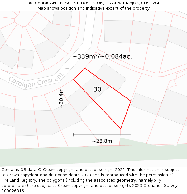 30, CARDIGAN CRESCENT, BOVERTON, LLANTWIT MAJOR, CF61 2GP: Plot and title map