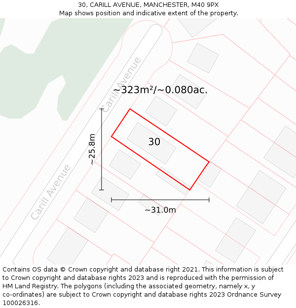 30, CARILL AVENUE, MANCHESTER, M40 9PX: Plot and title map