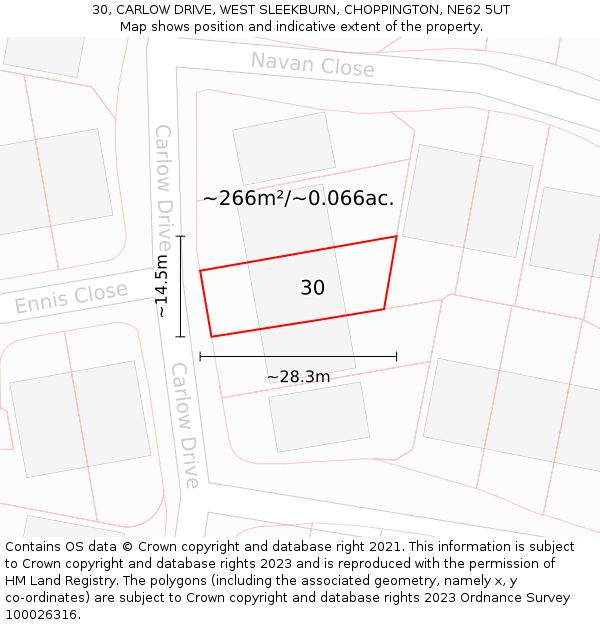 30, CARLOW DRIVE, WEST SLEEKBURN, CHOPPINGTON, NE62 5UT: Plot and title map