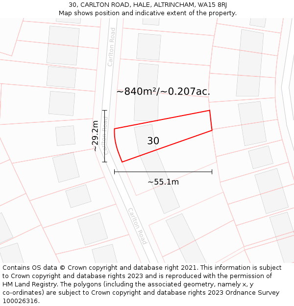 30, CARLTON ROAD, HALE, ALTRINCHAM, WA15 8RJ: Plot and title map