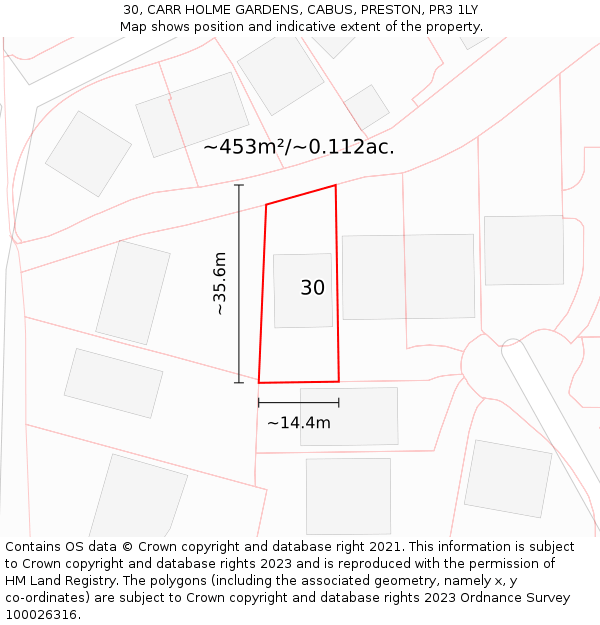 30, CARR HOLME GARDENS, CABUS, PRESTON, PR3 1LY: Plot and title map