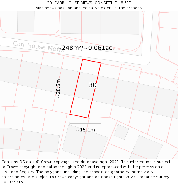 30, CARR HOUSE MEWS, CONSETT, DH8 6FD: Plot and title map