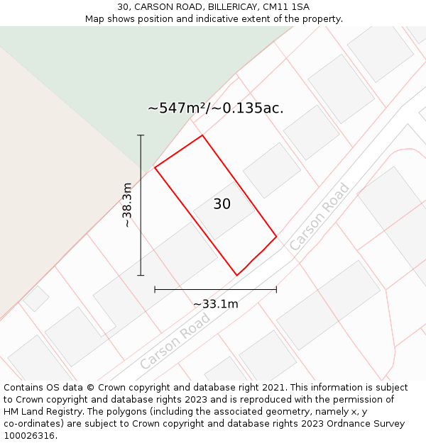 30, CARSON ROAD, BILLERICAY, CM11 1SA: Plot and title map