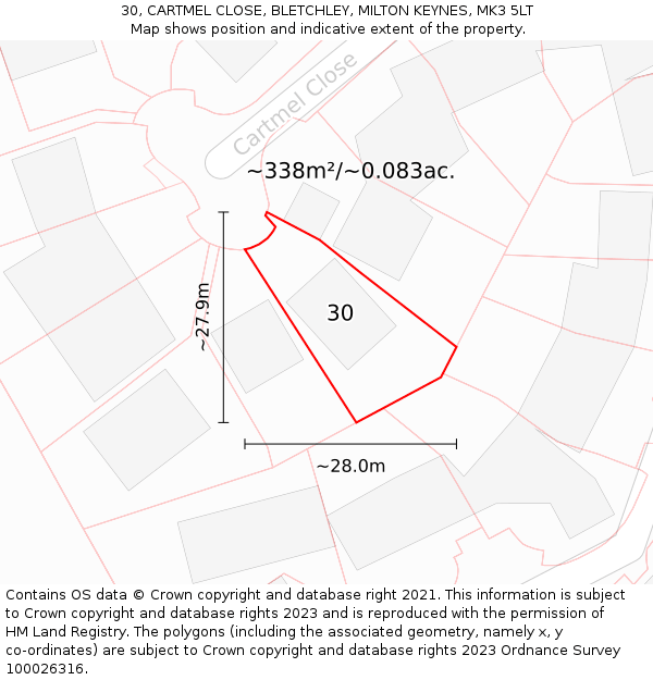 30, CARTMEL CLOSE, BLETCHLEY, MILTON KEYNES, MK3 5LT: Plot and title map