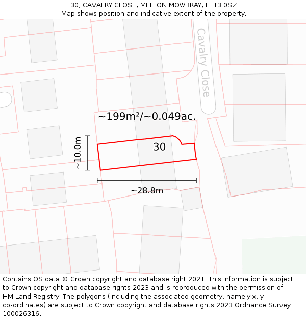 30, CAVALRY CLOSE, MELTON MOWBRAY, LE13 0SZ: Plot and title map