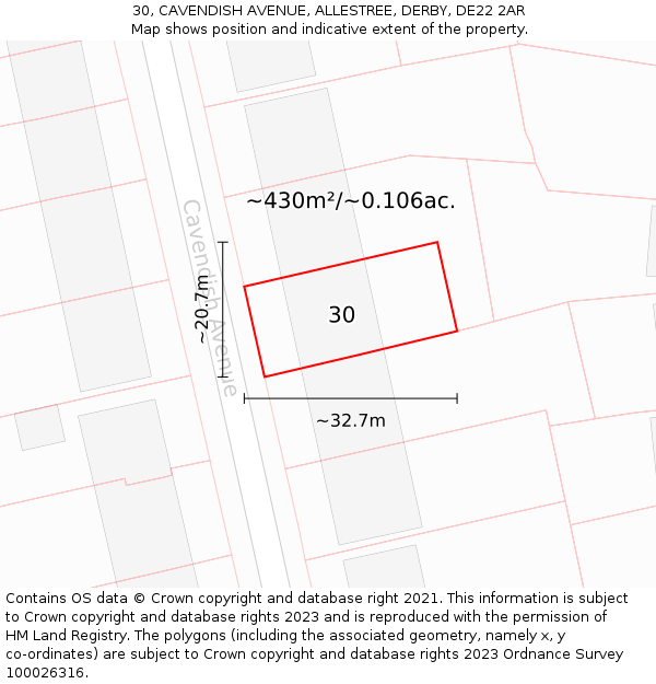 30, CAVENDISH AVENUE, ALLESTREE, DERBY, DE22 2AR: Plot and title map