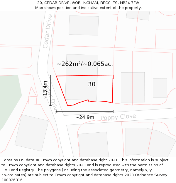 30, CEDAR DRIVE, WORLINGHAM, BECCLES, NR34 7EW: Plot and title map