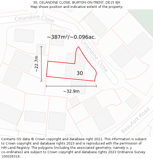 30, CELANDINE CLOSE, BURTON-ON-TRENT, DE15 9JX: Plot and title map