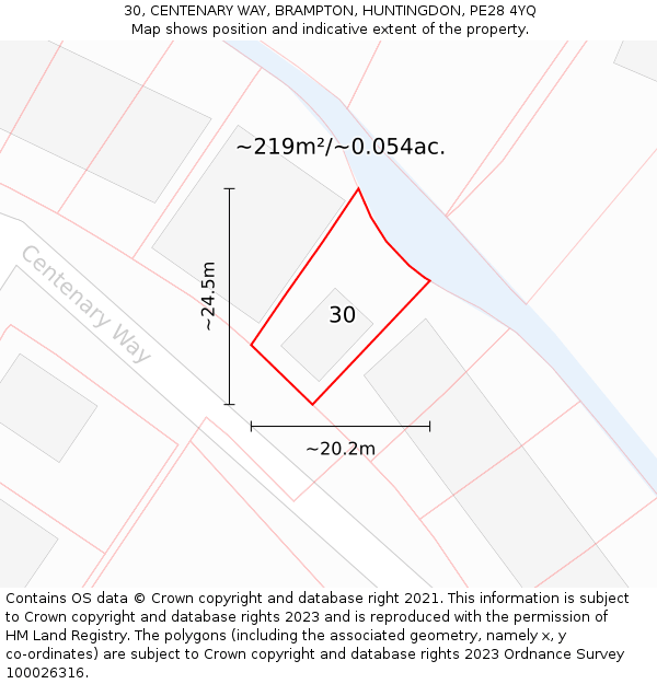 30, CENTENARY WAY, BRAMPTON, HUNTINGDON, PE28 4YQ: Plot and title map