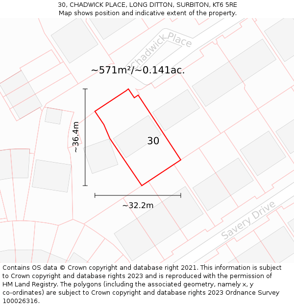 30, CHADWICK PLACE, LONG DITTON, SURBITON, KT6 5RE: Plot and title map