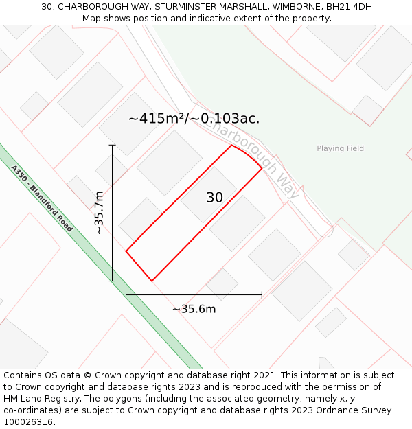 30, CHARBOROUGH WAY, STURMINSTER MARSHALL, WIMBORNE, BH21 4DH: Plot and title map