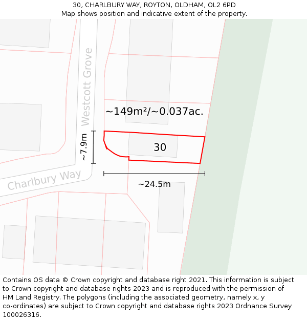 30, CHARLBURY WAY, ROYTON, OLDHAM, OL2 6PD: Plot and title map