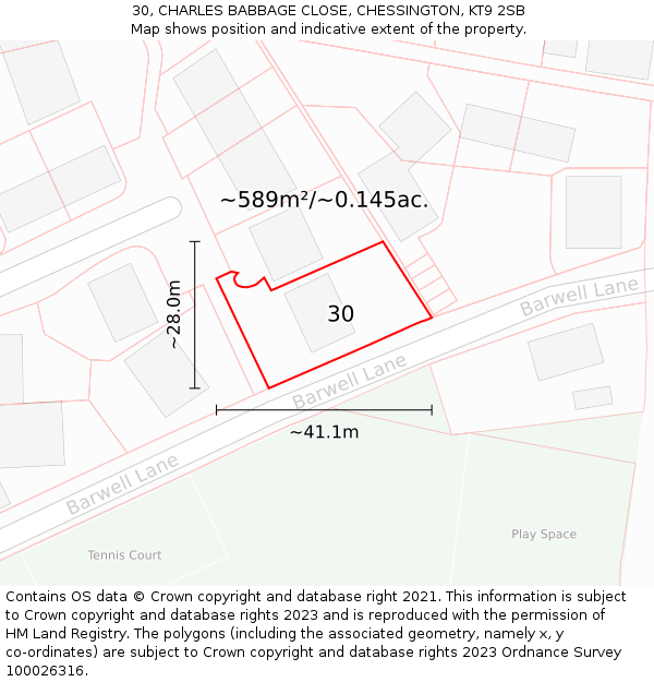 30, CHARLES BABBAGE CLOSE, CHESSINGTON, KT9 2SB: Plot and title map