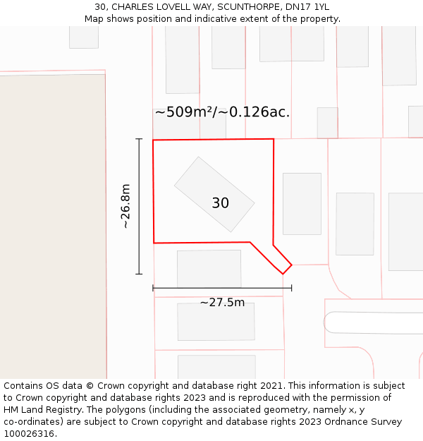 30, CHARLES LOVELL WAY, SCUNTHORPE, DN17 1YL: Plot and title map