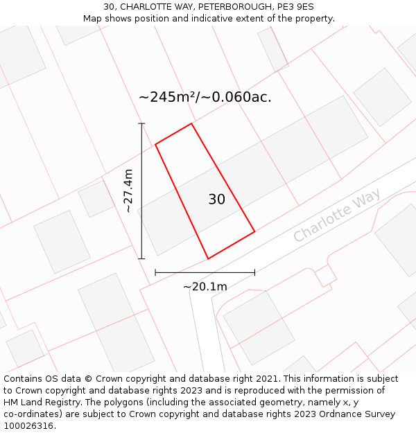 30, CHARLOTTE WAY, PETERBOROUGH, PE3 9ES: Plot and title map