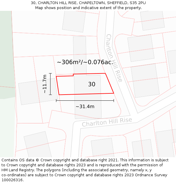 30, CHARLTON HILL RISE, CHAPELTOWN, SHEFFIELD, S35 2PU: Plot and title map