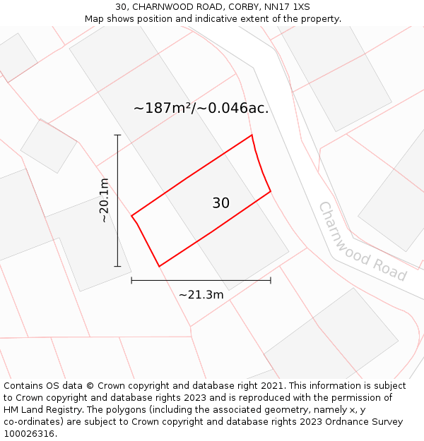 30, CHARNWOOD ROAD, CORBY, NN17 1XS: Plot and title map