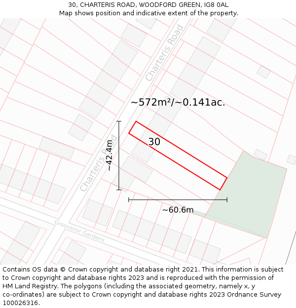 30, CHARTERIS ROAD, WOODFORD GREEN, IG8 0AL: Plot and title map