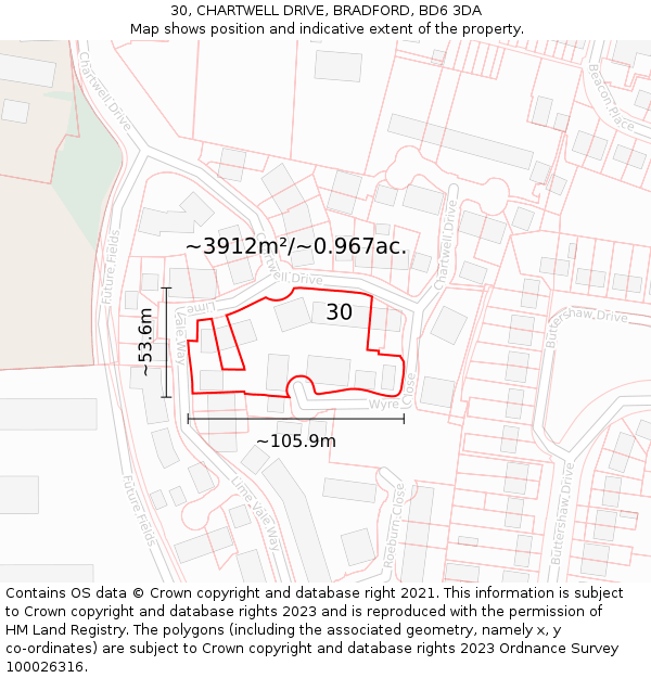 30, CHARTWELL DRIVE, BRADFORD, BD6 3DA: Plot and title map