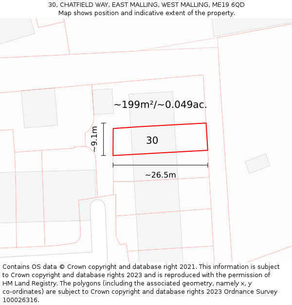 30, CHATFIELD WAY, EAST MALLING, WEST MALLING, ME19 6QD: Plot and title map