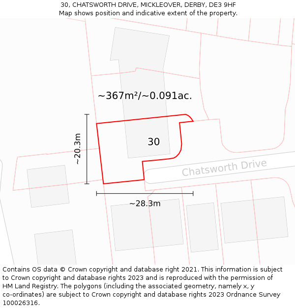 30, CHATSWORTH DRIVE, MICKLEOVER, DERBY, DE3 9HF: Plot and title map