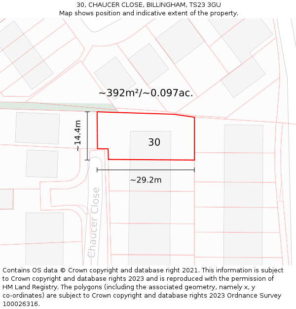 30, CHAUCER CLOSE, BILLINGHAM, TS23 3GU: Plot and title map