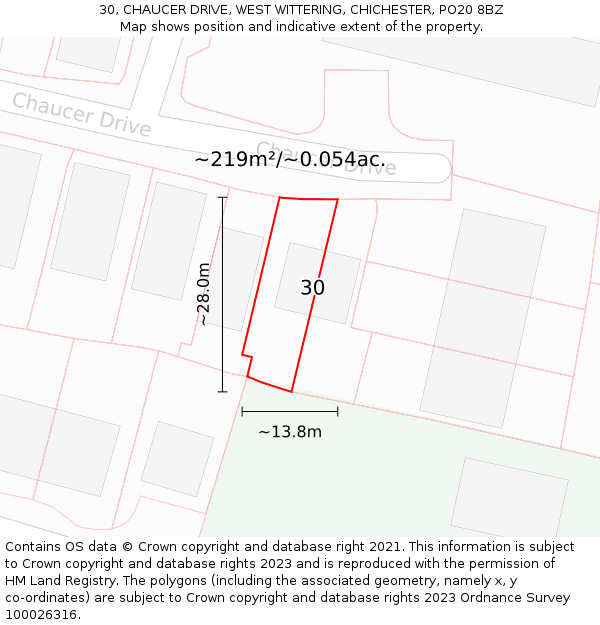 30, CHAUCER DRIVE, WEST WITTERING, CHICHESTER, PO20 8BZ: Plot and title map