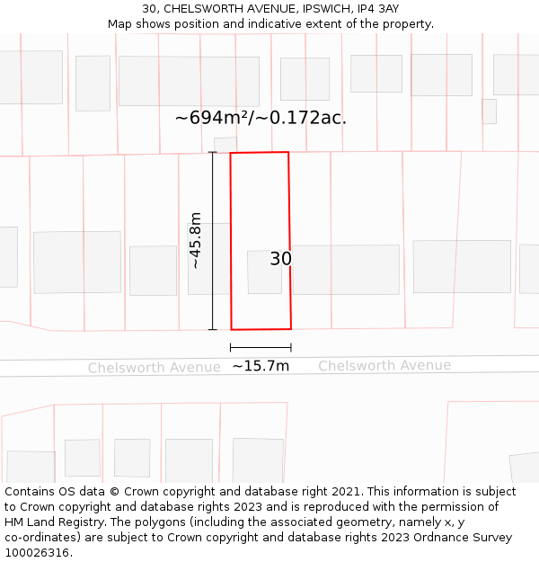 30, CHELSWORTH AVENUE, IPSWICH, IP4 3AY: Plot and title map