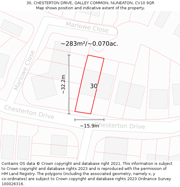 30, CHESTERTON DRIVE, GALLEY COMMON, NUNEATON, CV10 9QR: Plot and title map