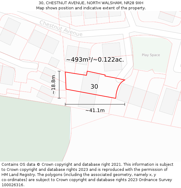 30, CHESTNUT AVENUE, NORTH WALSHAM, NR28 9XH: Plot and title map