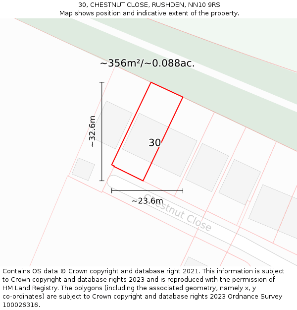 30, CHESTNUT CLOSE, RUSHDEN, NN10 9RS: Plot and title map